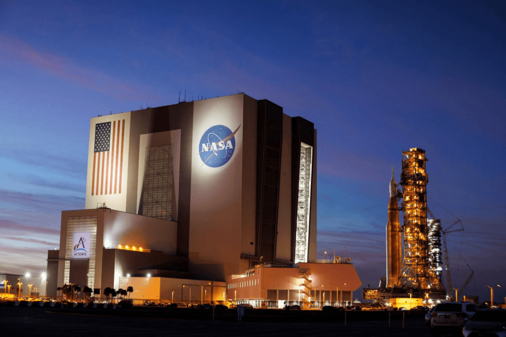 The SLS (space launch system) rocket with an Orion capsule, part of the Artemis II mission, at the Kennedy Space Center in Titusville, Florida,