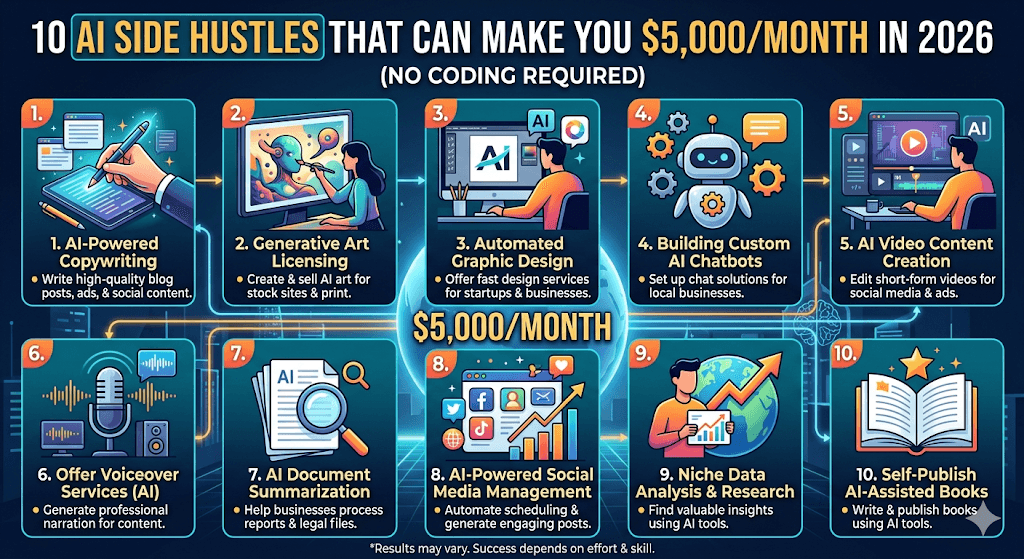 10 AI Side Hustles That Can Make You $5,000/Month in 2026(No Coding Required)