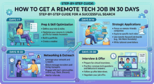 Remote tech jobs are no longer limited to senior developers working for Silicon Valley startups. In 2026, thousands of companies are hiring remote workers across software development, cybersecurity, cloud computing, UI/UX design, data analytics, technical support, AI operations, and digital marketing. The challenge is not whether remote jobs exist. The real challenge is standing out among thousands of applicants. Many people spend months applying online without getting interviews because they skip the basics: building proof of skills, optimizing their resume, networking correctly, and targeting the right roles. The good news? You do not need a computer science degree or 10 years of experience to land a remote tech job. With the right strategy and focused effort, you can position yourself for interviews in just 30 days. This guide breaks down exactly what to do week by week. Why Remote Tech Jobs Are Growing Fast Companies increasingly prefer remote hiring because it helps them: Access global talent Reduce office costs Hire faster Improve employee flexibility Operate across time zones At the same time, many professionals prefer remote work because it offers: Better work-life balance Location independence Reduced commuting stress Access to higher-paying global jobs Flexible schedules Some of the most in-demand remote tech roles include: Frontend Developer Backend Developer Cloud Engineer Cybersecurity Analyst Data Analyst DevOps Engineer Technical Writer QA Tester Product Designer AI Prompt Engineer IT Support Specialist Even entry-level positions are becoming more accessible if candidates can demonstrate practical skills. Can You Really Get a Remote Tech Job in 30 Days? Yes — but only if you focus on high-impact actions. You are unlikely to become a senior software engineer in one month. However, you can: Build a strong online profile Learn marketable beginner-friendly skills Create portfolio projects Start networking effectively Apply strategically Land interviews for junior or freelance roles Consistency matters more than perfection. Week 1: Choose the Right Tech Career Path The biggest mistake beginners make is trying to learn everything. Instead, choose one clear direction. Beginner-Friendly Remote Tech Careers Role Skills Needed Average Entry Salary Frontend Developer HTML, CSS, JavaScript $60k–$90k Data Analyst Excel, SQL, Python $55k–$85k Technical Support Networking, troubleshooting $45k–$70k QA Tester Testing tools, bug reporting $50k–$80k UI/UX Designer Figma, design principles $60k–$95k Technical Writer Documentation, communication $55k–$90k Pick one role based on: Your interests Learning speed Existing experience Long-term goals Day 1–3: Learn the Core Skills You do not need expensive bootcamps to get started. Use free and affordable platforms like: freeCodeCamp Coursera Udemy YouTube Codecademy Focus only on practical concepts employers actually care about. For example, if you choose frontend development: Build responsive websites Learn Git and GitHub Understand APIs Practice JavaScript basics Avoid tutorial overload. Build while learning. Day 4–7: Build Your First Portfolio Project A portfolio matters more than certificates. Even a simple project can impress recruiters if it solves a real problem. Project Ideas For Frontend Developers Personal portfolio website Weather app To-do app Blog homepage clone For Data Analysts Sales dashboard Netflix data analysis Budget tracker For UI/UX Designers Mobile app redesign Landing page prototype SaaS dashboard design For Technical Writers Software documentation sample API guide Beginner tutorials Upload your work to: GitHub Behance Dribbble Week 2: Create a Professional Online Presence Recruiters search online before scheduling interviews. Your digital presence should instantly communicate: Who you are What skills you have What projects you built Optimize Your LinkedIn Profile Your profile should include: Professional headline Clear profile photo Strong summary Skills section Project links Certifications Remote work keywords Example headline: Frontend Developer | JavaScript & React Enthusiast | Open to Remote Opportunities Use keywords recruiters search for: Remote Developer Cloud Engineer Python Developer Data Analyst AWS Certified React Developer Create a Resume That Actually Gets Interviews Most resumes fail because they: Are too generic Lack measurable results Have poor formatting Include irrelevant information Keep Your Resume Simple Use: One page Clean layout Action verbs Real projects Skill-focused achievements Example: Built a responsive portfolio website using HTML, CSS, and JavaScript that improved page speed by 40%. Even personal projects count if presented professionally. Week 3: Start Networking the Smart Way Many remote jobs are never publicly posted. Networking helps you discover hidden opportunities. Where to Network LinkedIn X (Twitter) Discord Reddit Slack Communities Join tech communities and contribute consistently. Do not immediately ask strangers for jobs. Instead: Share projects Ask thoughtful questions Help others Comment on industry posts Build visibility gradually Reach Out to Recruiters Properly Most people send cold messages like: “Hi, can you give me a job?” That rarely works. Instead, send concise and professional messages. Example: Hi Sarah, I recently completed several frontend projects using React and JavaScript. I admire your company’s remote engineering culture and would love to connect regarding future opportunities. Short, respectful, and professional messages perform better. Week 4: Apply Strategically Mass-applying to 500 jobs usually fails. Targeted applications work better. Best Remote Job Platforms We Work Remotely Remote OK Wellfound FlexJobs LinkedIn Jobs Indeed Apply to: Startups Small remote companies Freelance gigs Contract roles Junior positions Entry-level remote jobs are competitive, so volume still matters — but quality matters more. Aim for: 10–15 high-quality applications daily Customized resume for each role Personalized cover letters when possible Prepare for Remote Job Interviews Remote interviews test more than technical skills. Companies also evaluate: Communication Reliability Self-management Internet setup Problem-solving ability Common Interview Questions Tell me about yourself Why do you want remote work? Describe a project you built How do you manage deadlines? How do you solve technical problems? Practice speaking clearly and confidently. Record mock interviews if possible. Important Skills Remote Employers Want Even technical jobs require soft skills. High-Value Remote Skills Communication Time management Self-discipline Problem-solving Collaboration Adaptability Candidates who communicate well often outperform technically stronger applicants. Biggest Mistakes to Avoid 1. Waiting Until You Feel “Ready” You learn faster by applying while improving. 2. Taking Too Many Courses Projects matter more than endless certificates. 3. Ignoring Networking Referrals dramatically improve interview chances. 4. Sending Generic Applications Tailored resumes perform better. 5. Having No Portfolio Employers need proof of ability. Best Certifications for Remote Tech Jobs Certifications can strengthen credibility. Popular beginner-friendly certifications include: Amazon Web Services Certified Cloud Practitioner Google Data Analytics Certificate Microsoft Azure Fundamentals CompTIA A+ Cisco CCNA These help especially for: IT support Cloud computing Networking Cybersecurity A Realistic 30-Day Action Plan Week 1 Choose a tech role Learn core fundamentals Start your first project Week 2 Finish portfolio project Build LinkedIn profile Create resume Upload projects online Week 3 Network daily Join communities Reach out to recruiters Practice interview questions Week 4 Apply aggressively Customize applications Attend interviews Improve based on feedback Final Thoughts Getting a remote tech job in 30 days is possible if you stay focused and avoid distractions. The internet is filled with people endlessly consuming tutorials without building anything real. Employers care more about practical skills, consistency, communication, and proof of work than perfect credentials. Start small. Build projects. Show your work publicly. Network genuinely. Apply consistently. Your first remote tech job may not be your dream role — but it can completely change your career direction and open opportunities worldwide. The most important step is starting today.
