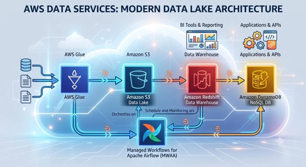 AWS data services (Glue, S3, Redshift, DynamoDB, Airflow)