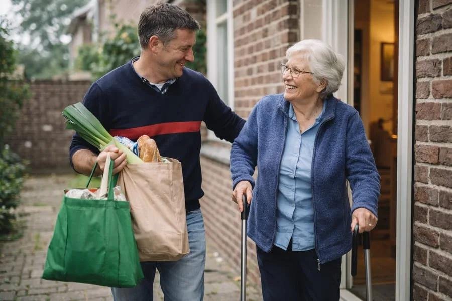 An everyday hero helping an elderly neighbor carry groceries.