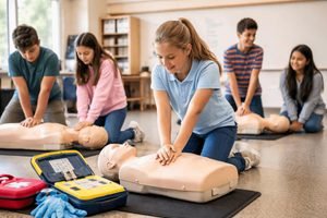 Teenager practicing CPR during first-aid training.